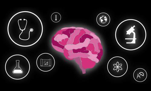 Graphic of a human brain surrounded by symbols of scientific fields