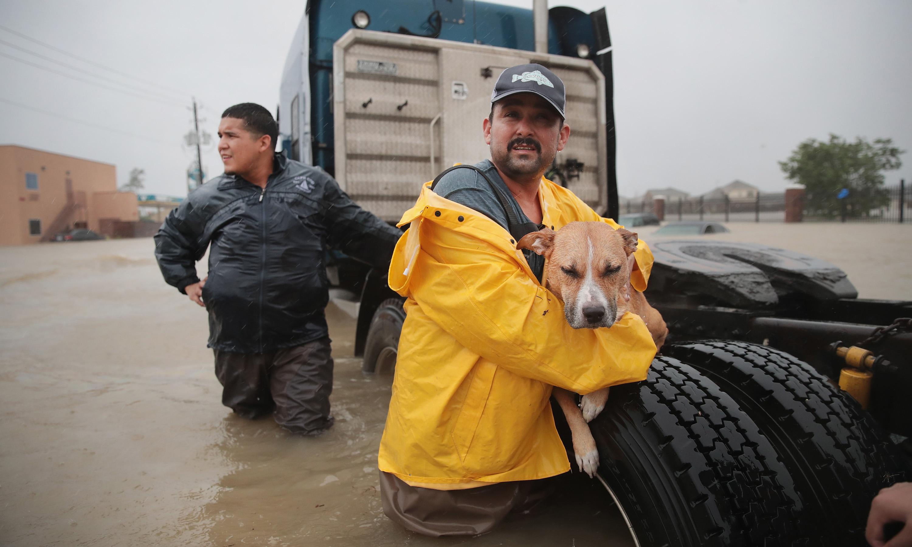 Two men in knee deep water. One is holding a dog. 