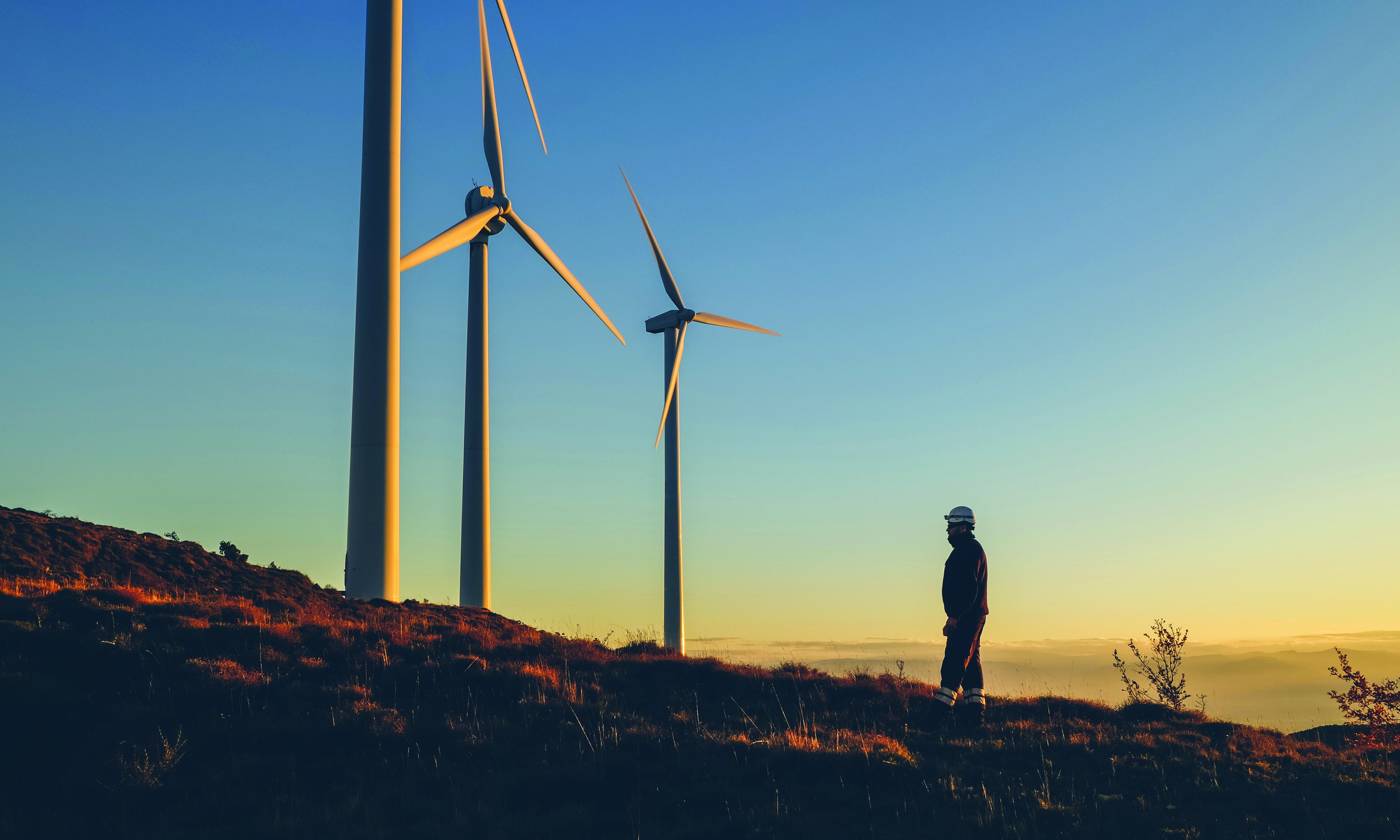 A worker is facing wind turbines