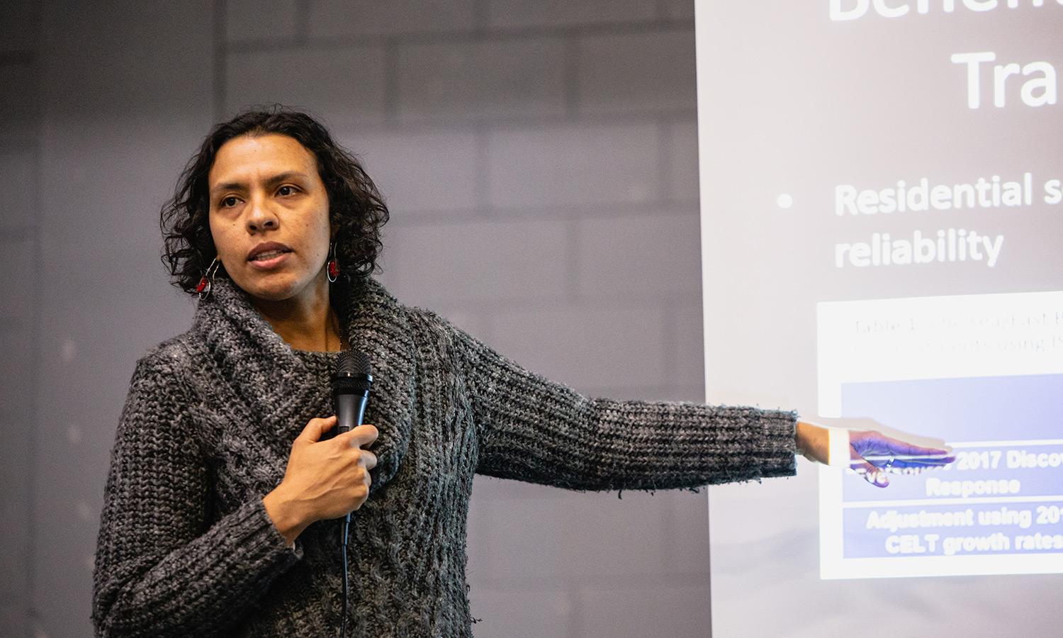 UCS scientist Paula Garcia making a point in a presentation