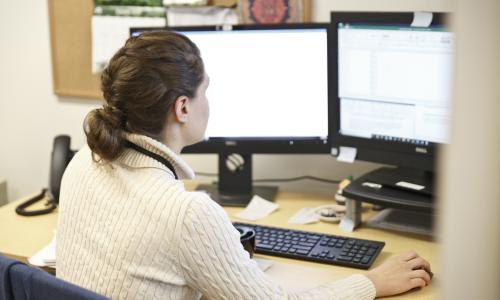 Person works at a desk, on a computer.