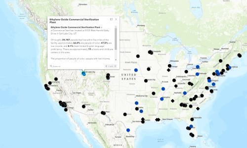 A screenshot of an interactive map of the US that shows ethylene oxide emitting facilities.